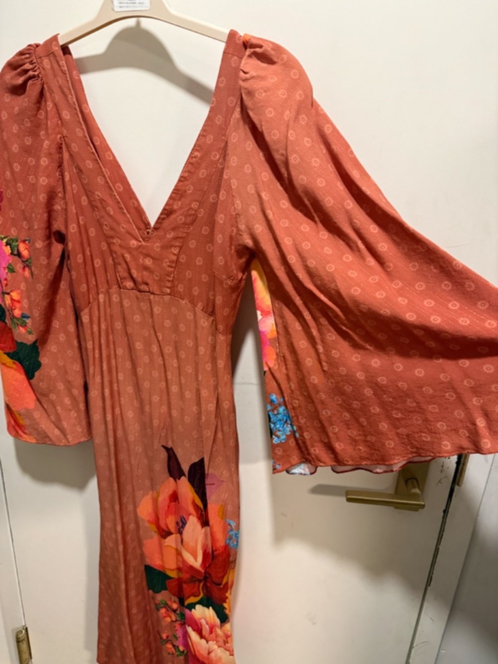 Farm Rio | Flowy Orange Floral Wide Sleeve, V-Neck Dress